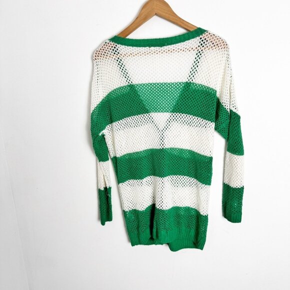 Etam Loose Knit Crochet Cardigan Green and White Stripe size - Picture 2 of 4
